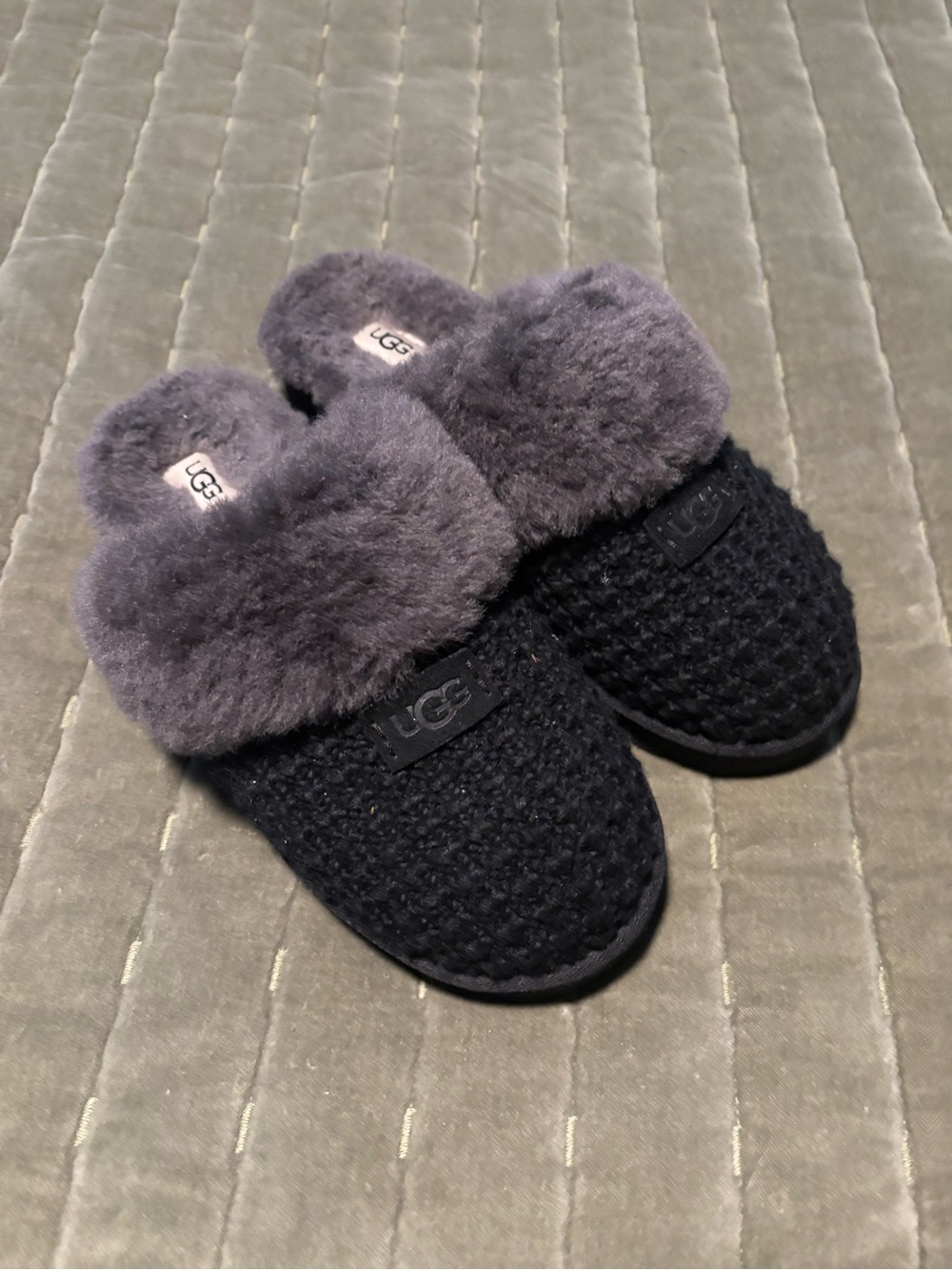 UGG Women's Black Knit Slippers with Gray Shearling Cuff